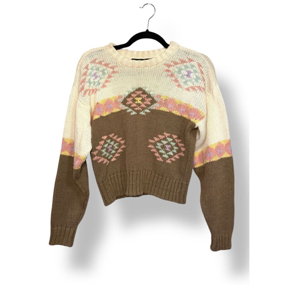 Vtg Lizsport Women’s Petite Cropped Knit Sweater Ramie Geometric Cream‎ Pastel